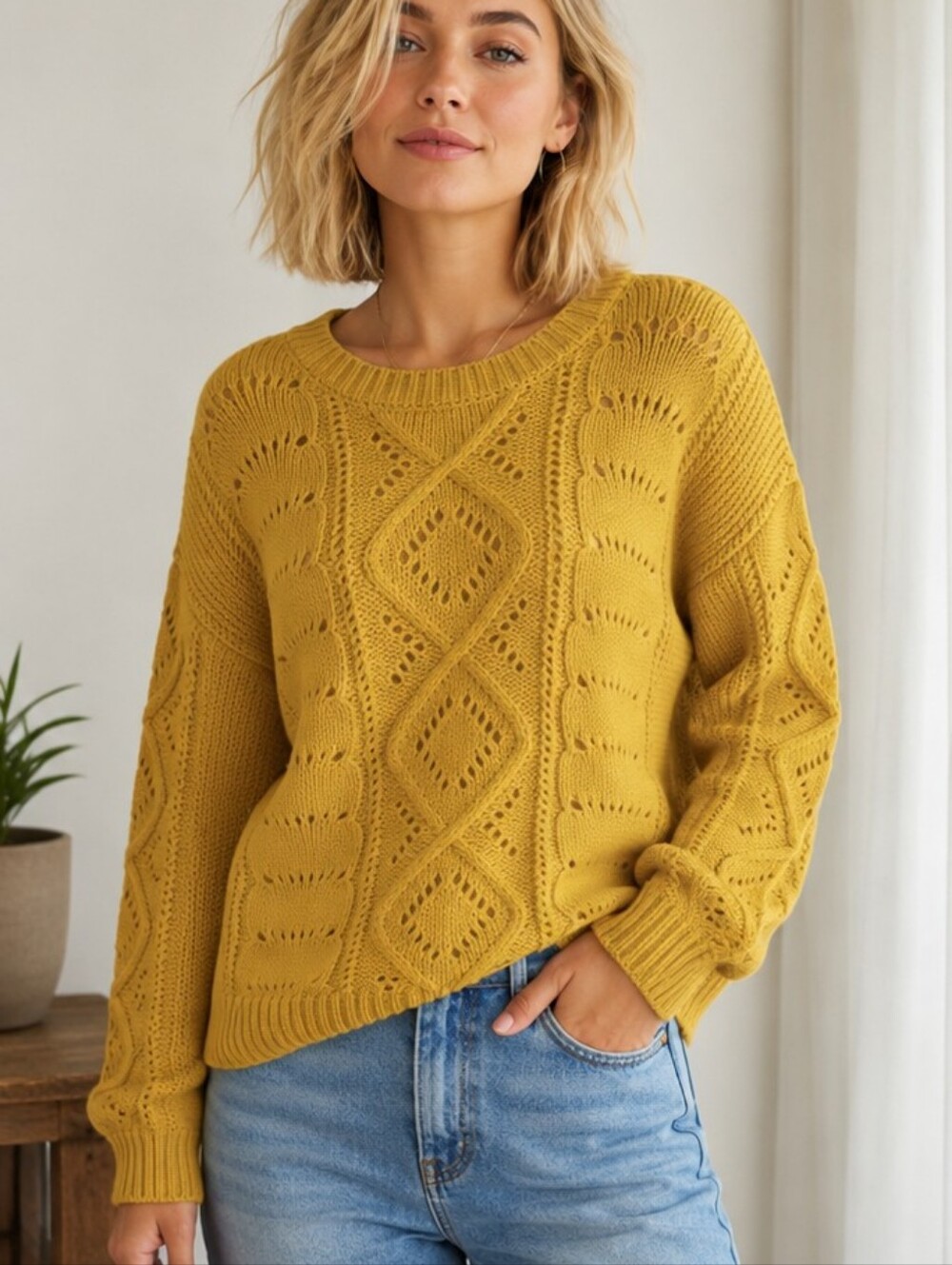 Harper Heritage Mustard Cable Knit Chunky Sweater Size Large
